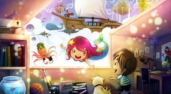 boy looking out through a skylight into a fantastical world